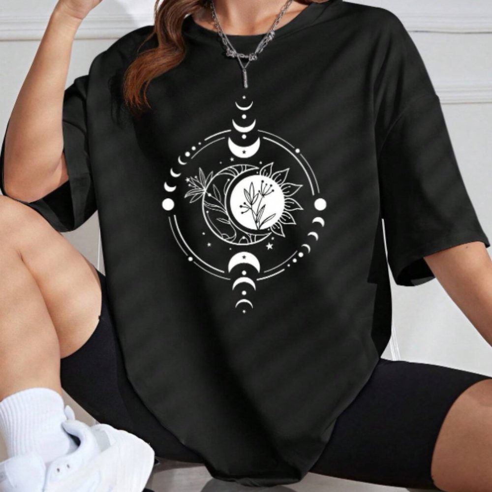 Moon & Sun Print Drop Shoulder Tee